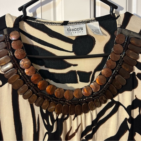 Chicos travelers size 0 animal print beaded 3/4 sleeves brown tan - Picture 2 of 7